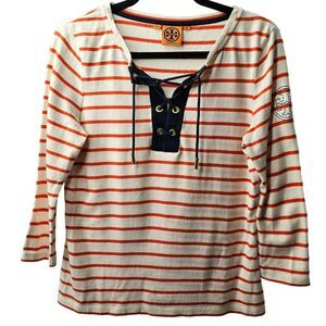 Tory Burch Orange White Striped Nautical Logo Top